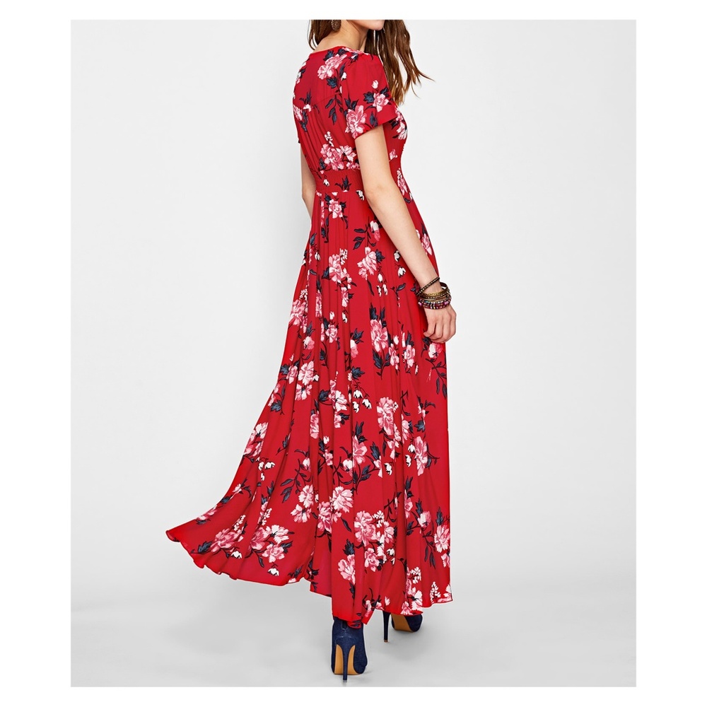 Red Floral Button Down Short Sleeve Maxi Dress - Picture 5 of 5